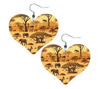 Lightweight Leather Earrings,African grassland animals Print Heart Earrings, Eye-Catching Dangle Drop Jewelry for Her, One Size, Leather, No Gemstone