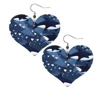 Lightweight Leather Earrings,Blue Killer Whale Print Heart Earrings, Eye-Catching Dangle Drop Jewelry for Her, One Size, Leather, No Gemstone