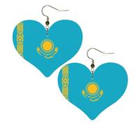 Lightweight Leather Earrings,Flag of Kazakhstan Print Heart Earrings, Eye-Catching Dangle Drop Jewelry for Her, One Size, Leather, No Gemstone