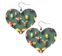 Lightweight Leather Earrings,Insect Atlas Print Heart Earrings, Eye-Catching Dangle Drop Jewelry for Her, One Size, Leather, No Gemstone