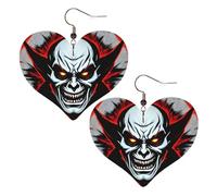 Lightweight Leather Earrings,Red and Black Evil Ghost Print Heart Earrings, Eye-Catching Dangle Drop Jewelry for Her, One Size, Leather, No Gemstone