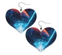 Lightweight Leather Earrings,Science Fiction Future Print Heart Earrings, Eye-Catching Dangle Drop Jewelry for Her, One Size, Leather, No Gemstone