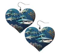 Lightweight Leather Earrings,Sharks under the sea Print Heart Earrings, Eye-Catching Dangle Drop Jewelry for Her, One Size, Leather, No Gemstone