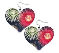 Lightweight Leather Earrings,Splendid fireworks Print Heart Earrings, Eye-Catching Dangle Drop Jewelry for Her, One Size, Leather, No Gemstone