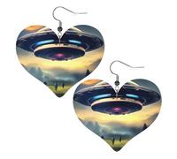 Lightweight Leather Earrings,UFO landing Print Heart Earrings, Eye-Catching Dangle Drop Jewelry for Her, One Size, Leather, No Gemstone