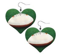 Lightweight Leather Earrings,White Rugby Ball Print Heart Earrings, Eye-Catching Dangle Drop Jewelry for Her, One Size, Leather, No Gemstone