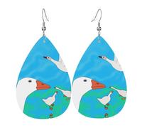Lightweight leather teardrop earrings, elegant happy white goose printed design, versatile for everyday wear, simple and stylish.
