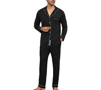 Lightweight Long Sleeve Button Down Comforts Soft Sleepwear for Men with Pockets Men's Casual Cotton Pajama Set Black M