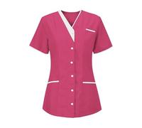Lightweight Medical Workwear Hot Pink Tunic Uniform Healthcare Office Uniform Tshirt V Neck Button Short Sleeve Pocket Scrubs for Women Beauty Scrub