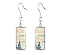 Lightweight Nature Moon Star Yoga Mountain Bar Stud Dangle Earrings for Women Bohemian Retro Snow Mountain Wooden Earrings for Yoga, Skiers, Hikers, Campers, Climbers, Nature Lovers, Wood, No Gemstone
