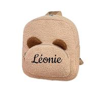 Lightweight Personalised Toddler Backpack, Soft Curly Fleece Cute 3D Bear Ears Kids Rucksack with Custom Name Embroidery for Preschool （Khaki, One Size