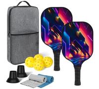 Lightweight Pickleball Paddles Set of 2, Graphite Fiberglass Infused Pickleball Set, 4 Pickleball Balls, 2 Cooling Towels& Bag, Premium Pickleball Rackets for Beginners & Pros (E)