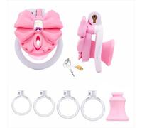 Lightweight Plastic Bow Tie Chastity Cage for Man Penis Exercise Flat Chastity Device with 4 Rings & Invisible Lock Negative CB Lock with Catheter Auxiliary Belt Sissy Negative Cover Sex Toys