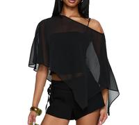 Lightweight Ponchos for Women Loose Solid Boat Neck Irregular Coverup Tops Mesh Off Shoulder See Through Shrug (D-Black, M)