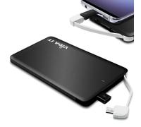 Vida IT vCard+ Ultra Slim Power Bank 4000mAh Mobile Phone Portable Charger Small Rechargeable Flat Battery Pack for iPhone Samsung Android USB C with Built-In Cable Thin Pocket Size 8mm (Black)
