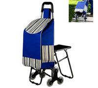Lightweight Protable Shopping Trolley Stair Climber with 6 Wheels - Ergonomic Handle Dolly Grocery Cart with Seat,Folding Dual Triple Wheel Shopping Cart Hand Truck (Blue)