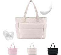 Lightweight Puffy Tote Bag, Puffy Tote Bag with Compartments Large Capacity Quilted Bags Weekender for Yoga Fitness (Beige)