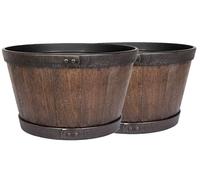 Lightweight Recycled Plastic Garden Pot Planter with Drainage Holes | UV Resistant & Frostproof | 2 x Oban Dark Oak Whiskey Barrel 39cm