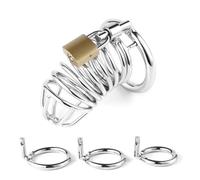 Lightweight Steel Chastity Cage with 4-Way Belt and 3 Rings(40mm, 45mm, 50mm) for Bondage (Silver)