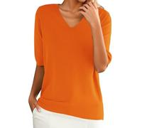 Lightweight Summer Women's Fine Knit Jersey V-Neck Short Sleeve Casual Elegant Spring Summer Solid Color Short Sleeve Knit Sweater Monochrome Comfortable Knit Tops, orange, XL