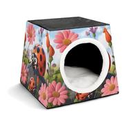 Lightweight Travel Crate Kennel Indoor & Outdoor Cartoon Ladybug Flower Printed Indoor Dog House with Washable Plush Cushion, Suitable for Dogs & Cats