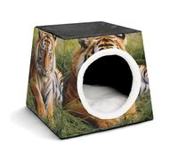 Lightweight Travel Crate Kennel Indoor & Outdoor Tiger Laying on The Grass Printed Indoor Dog House with Washable Plush Cushion, Suitable for Dogs & Cats