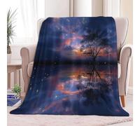 Lightweight Warm Blanket 51 × 59 inch, Super Soft Dark Blue Camping Throw Blanket With Dreamy Night Sky Stars Floral Print - Small Single Size Blankets for Home Living Room Sofa Couch Bed
