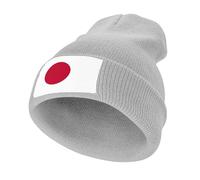 Lightweight Warm Unisex Beanie Hat,Stretchy Acrylic Knit with Subtle Japan Flag Print,Winter Hat for Everyday Wear,Light Gray
