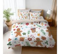 Lightweight White Cartoon Duvet Cover Set Cute Christmas Theme Gingerbread Man Durable Fabric 2 Pillowcases Included Microfiber For kids girls teens and adults room Comforter Cover 79"x79"