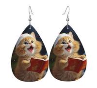 Lightweight Women Earring Cute Cat Sing Christmas Carols Leather Teardrop Earrings Decorative Leather Dangle Drop Earrings For Ladies Mother’S Day Party