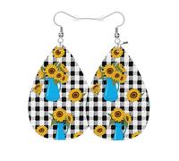Lightweight Women Earring Sunflowers Blue Sunflowers Black White Buffalo Plaid Drop Earrings Vintage Leather Teardrop Earrings For Party Decorations Mother’S Day