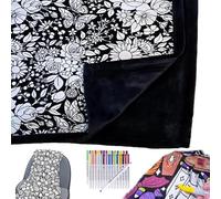 Lightyard DIY Coloring Blanket, Coloring Blanket for Your Own, 50×60 Inch Washable Fabric with 12 Colored Markers, Cozy Kids Bedroom Sofa Décor, Creative Personalized Cozy Home Gift (Retro Flowers)