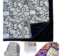 Lightyard DIY Coloring Blanket with 12 Colored Markers, 50×60 Inch Creative Washable Fabric Blanket, Cozy Kids Bedroom Sofa Décor, Personalized Cozy Home Gift (Retro Technology)