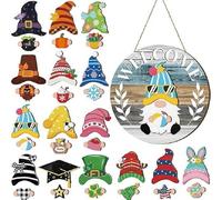 Lightyard Interchangeable Wooden Gnome Decor,DIY Holiday Seasonal Fall Gnomes Decoration with Magnet Pieces ,Detachable Hats Gnome Changeable Welcome Sign for Home (B)