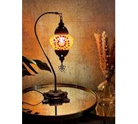 Lightza Handmade Turkish Moroccan Mosaic Desk Lamp LED Bulb | Swan Neck Unique Globe Lampshade Table Light | UK Tested Safe Energy Efficient (Red & Golden)