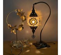 Lightza Handmade Turkish Moroccan Mosaic Desk Lamp LED Bulb | Swan Neck Unique Globe Lampshade Table Light | UK Tested Safe Energy Efficient (Golden & Black Flower)