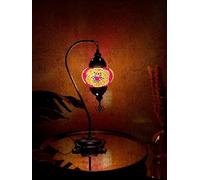Lightza Handmade Turkish Moroccan Mosaic Desk Lamp LED Bulb | Swan Neck Unique Globe Lampshade Table Light | UK Tested Safe Energy Efficient (Red & White Star)