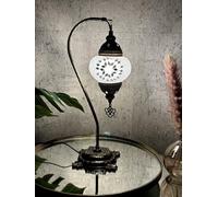 Lightza Handmade Turkish Moroccan Mosaic Desk Lamp LED Bulb | Swan Neck Unique Globe Lampshade Table Light | UK Tested Safe Energy Efficient (White Big Flower)