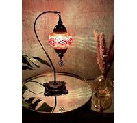 Lightza Handmade Turkish Moroccan Mosaic Desk Lamp LED Bulb | Swan Neck Unique Globe Lampshade Table Light | UK Tested Safe Energy Efficient (Red with White Lines)