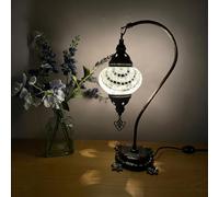 Lightza Handmade Turkish Moroccan Mosaic Desk Lamp LED Bulb | Swan Neck Unique Globe Lampshade Table Light | UK Tested Safe Energy Efficient (White Circles Globe)