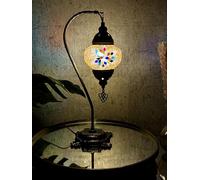 Lightza Handmade Turkish Moroccan Mosaic Desk Lamp LED Bulb | Swan Neck Unique Globe Lampshade Table Light | UK Tested Safe Energy Efficient (Golden & Multi Color Flower)