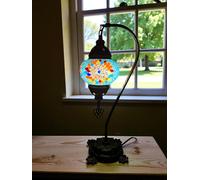 Lightza Handmade Turkish Moroccan Mosaic Desk Lamp LED Bulb | Swan Neck Unique Globe Lampshade Table Light | UK Tested Safe Energy Efficient (Blue Multi Color)