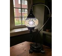 Lightza Handmade Turkish Moroccan Mosaic Desk Lamp LED Bulb | Swan Neck Unique Globe Lampshade Table Light | UK Tested Safe Energy Efficient (White Flower)