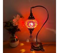Lightza Handmade Turkish Moroccan Mosaic Desk Lamp LED Bulb | Swan Neck Unique Globe Lampshade Table Light | UK Tested Safe Energy Efficient (Golden & Red Big Flower)