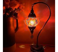 Lightza Handmade Turkish Moroccan Mosaic Desk Lamp LED Bulb | Swan Neck Unique Globe Lampshade Table Light | UK Tested Safe Energy Efficient (Golden and Red Star)