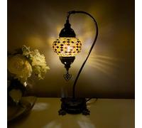 Lightza Handmade Turkish Moroccan Mosaic Desk Lamp LED Bulb | Swan Neck Unique Globe Lampshade Table Light | UK Tested Safe Energy Efficient (Golden & Purple)