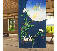 LIGICKY Japanese Doorway Curtain Noren Cute Rabbit Under Moon Decoration Blue 33x59inch
