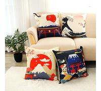 LIGICKY Japanese Style Cotton Linen Decorative Throw Pillow Cover, Fuji Mountain Print Square Pillow Cases Cushion Covers for Couch Sofa Bed Home Decor (18x18 Inches, Set of 4)