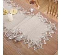LIGICKY Linen Table Runner Neutral Lace Table Runners 48 Inches Beige and Tan Embroidered Runner for Dresser Top Spring Summer Wedding Home Dining Table Decorations 16x48 inch