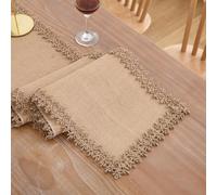 LIGICKY Natural Burlap Table Runners 48 Inches Farmhouse Rustic Jute Woven Macrame Table Runner for Dresser Wedding Home Dining Table Decor 12x90 inch, Brown